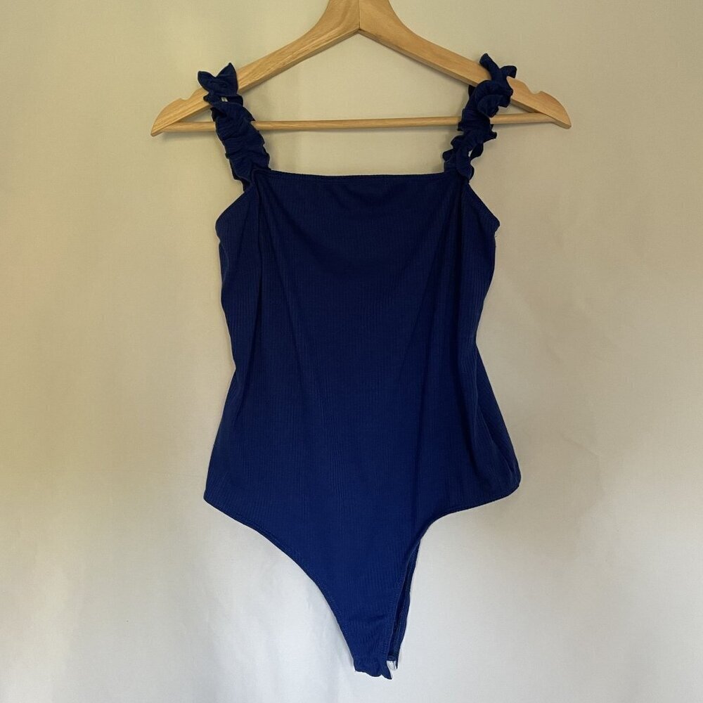 Saints 21 Ribbed Blue Sleeveless Bodysuit With Ruffle Straps women's size small
